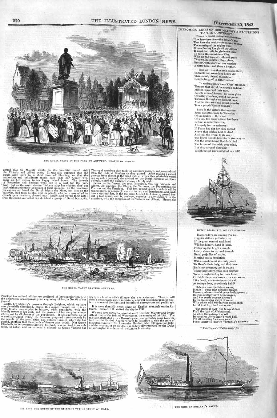 Original Old Antique Print 1843 Royal Yacht Park Antwerp King Belgians Holland