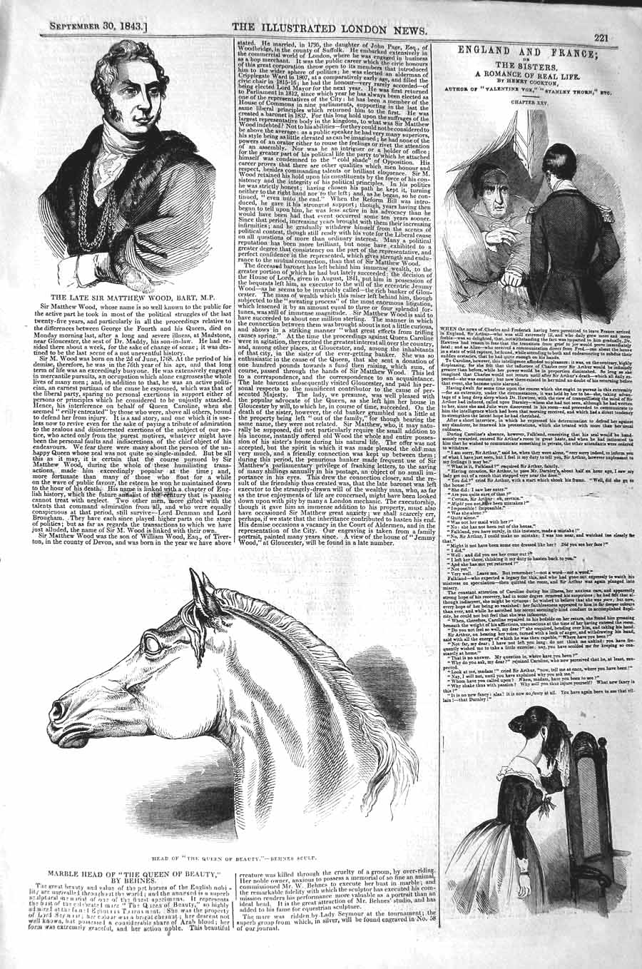 Old Antique Print 1843 Matthew Wood Bart Head Horse Queen Beauty Behnes 19th
