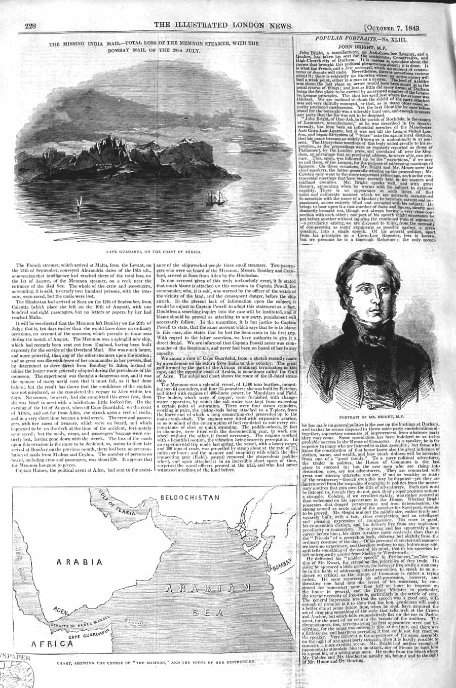 Old Antique Print 1843 Cape Guadafui Africa Bright Map Ship Memnon Arabia 19th