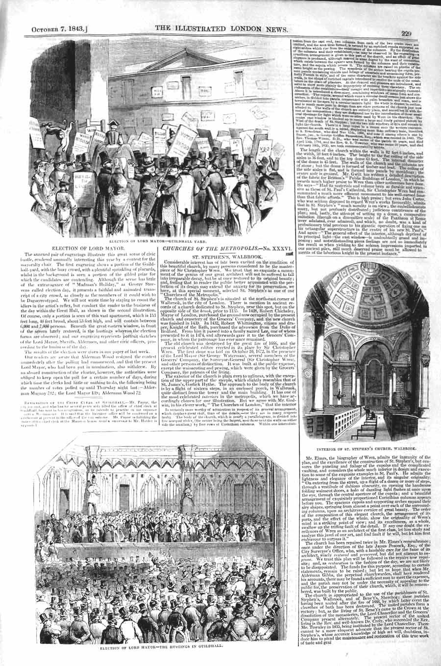 Original Old Antique Print 1843 Election Lord Mayor Guildhall Church Walbrook
