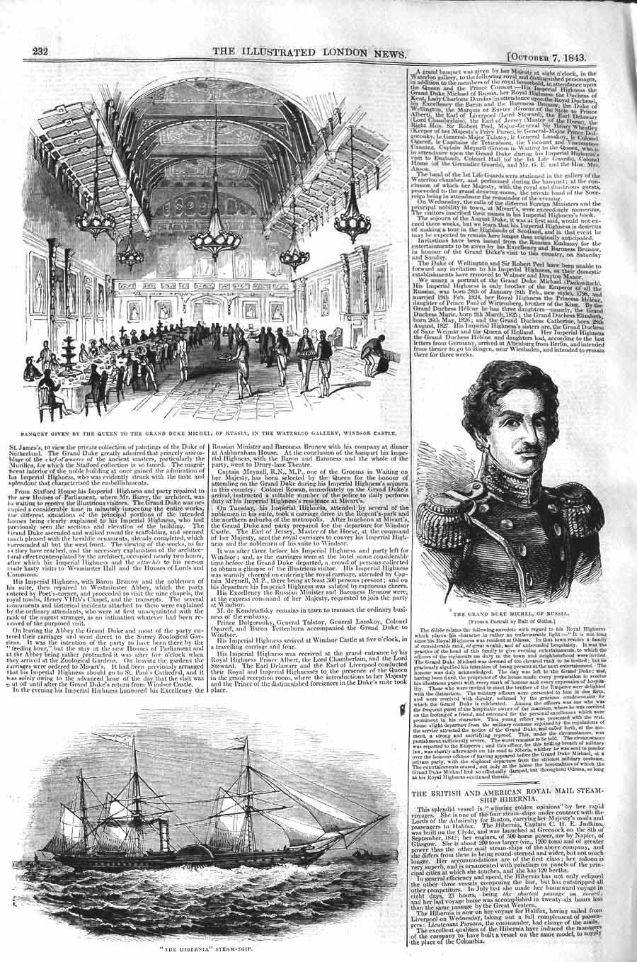 Original Old Antique Print 1843 Duke Michel Russia Hibernia Steam Ship Windsor