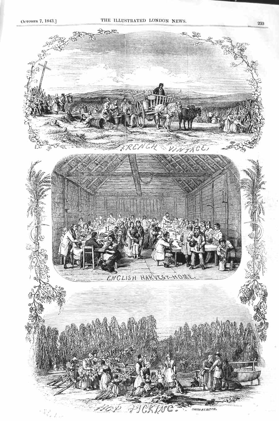 Old Antique Print 1843 France Grape Gathering Harvest Hop Picking Farming 19th