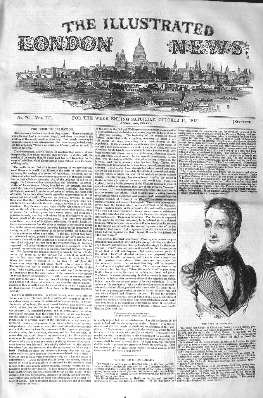 Original Old Antique Print 1843 Portrait The Duke Bordeaux Man 19th