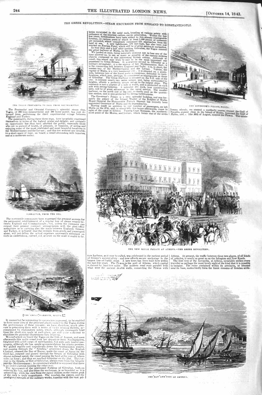 Original Old Antique Print 1843 Bay City Smyrna Harbour Malta Tagus Ship Gi 19th