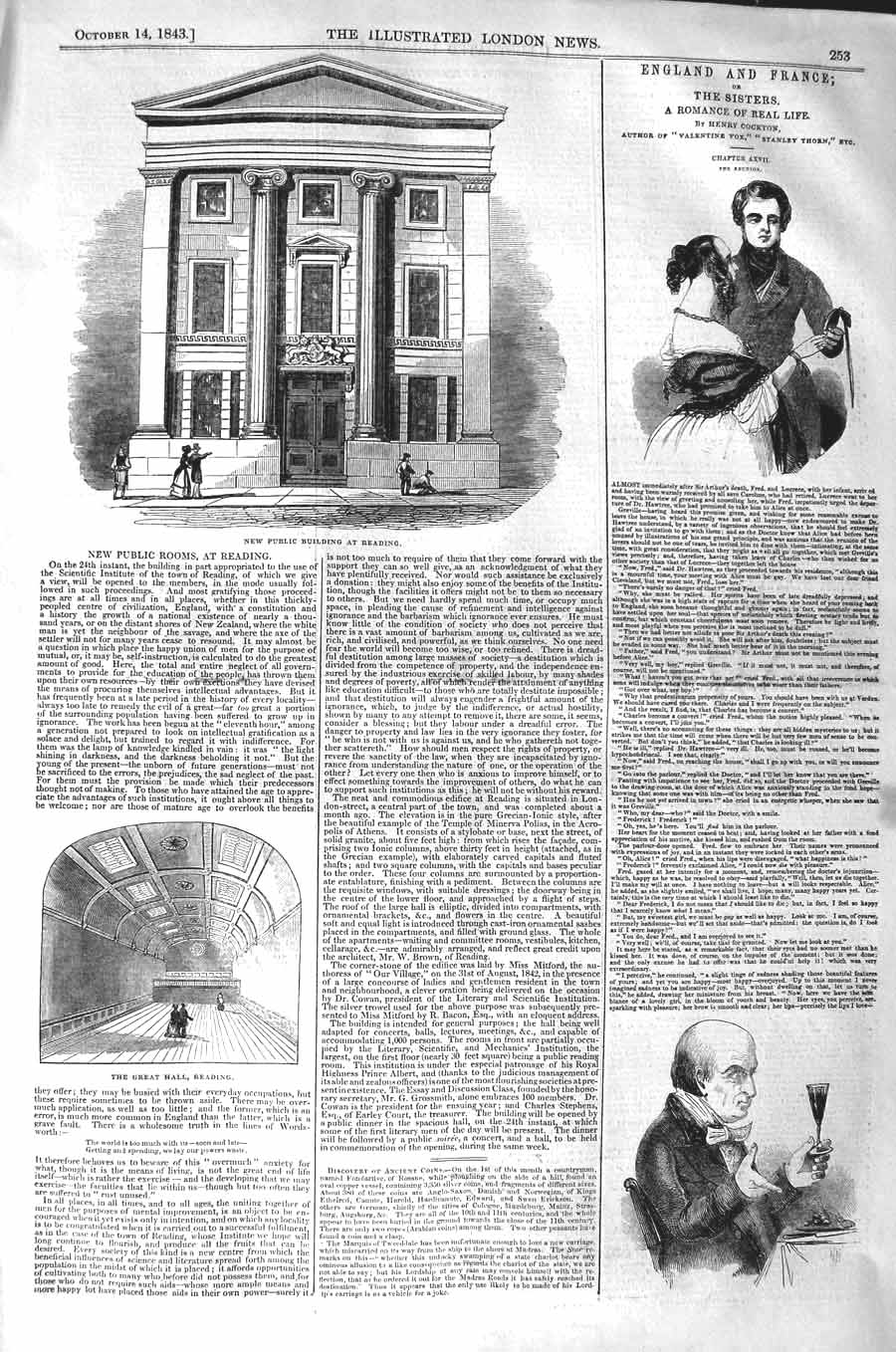 Original Old Antique Print 1843 Public Building Reading Great Hall Architecture