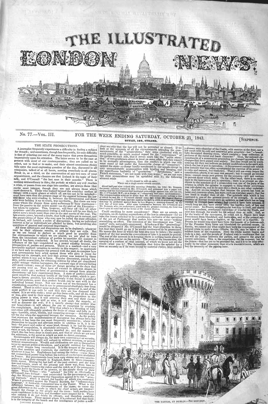Original Old Antique Print 1843 Exterior Castle Dublin Ireland Architecture