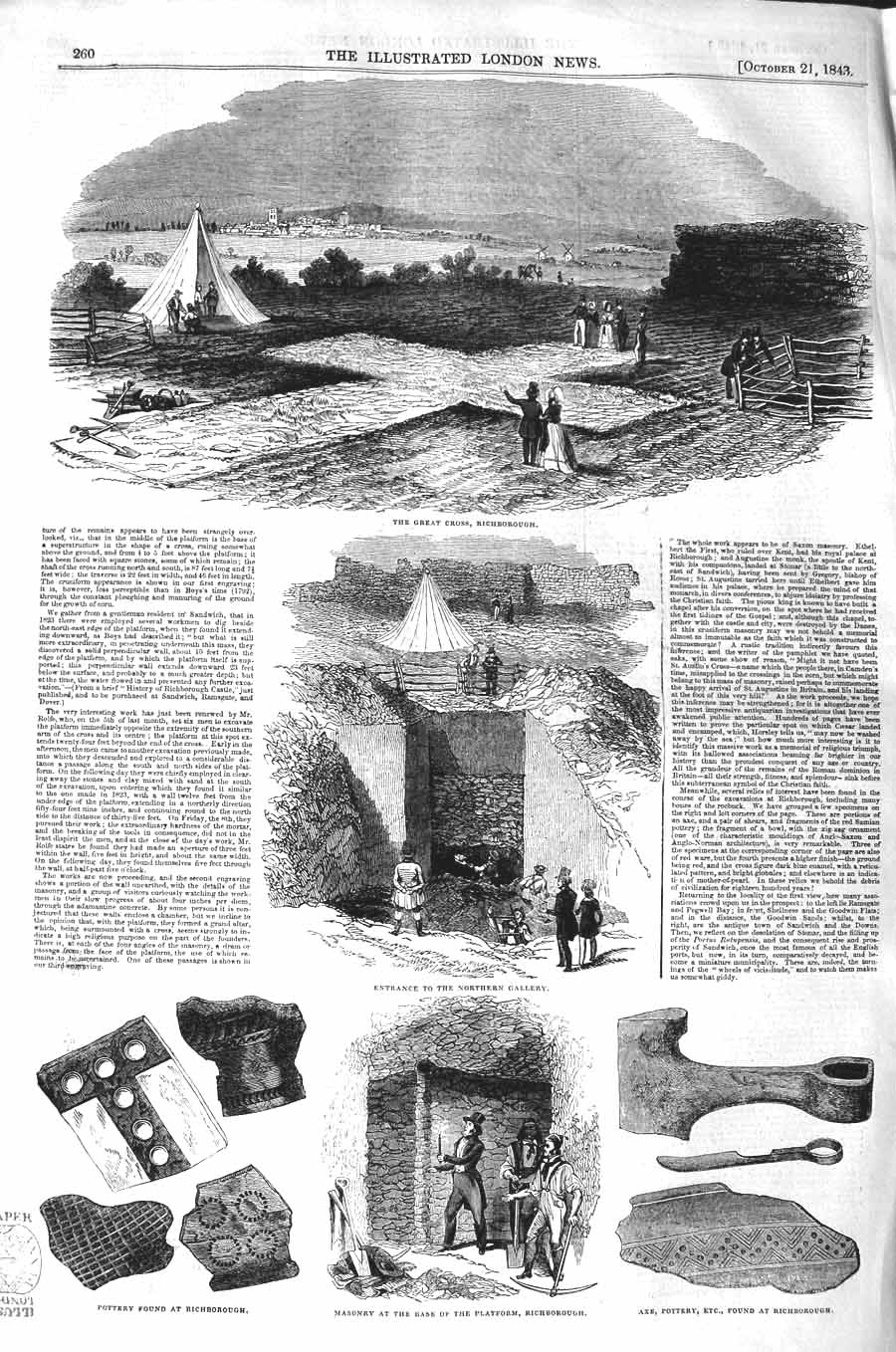 Original Old Antique Print 1843 Cross Richborough Archaeology Pott Victorian