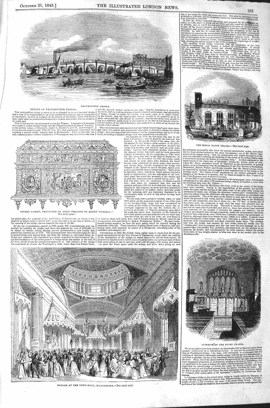 Old Antique Print 1843 Westminster Bridge Savoy Chapel Manchester Bazaar 19th