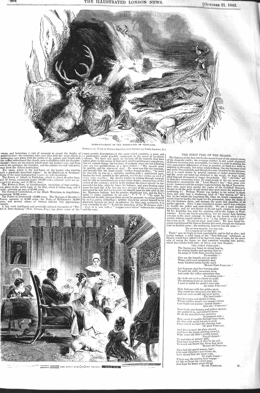 Original Old Antique Print 1843 Deer Stalking Highlands Scotland Hunting 19th