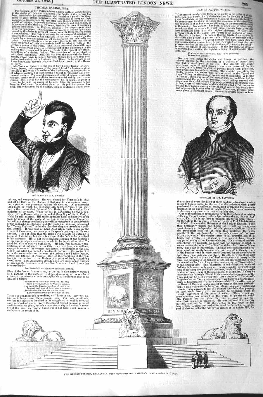 Old Antique Print 1843 Portrait Baring Pattison Nelson Column Trafalgar 19th