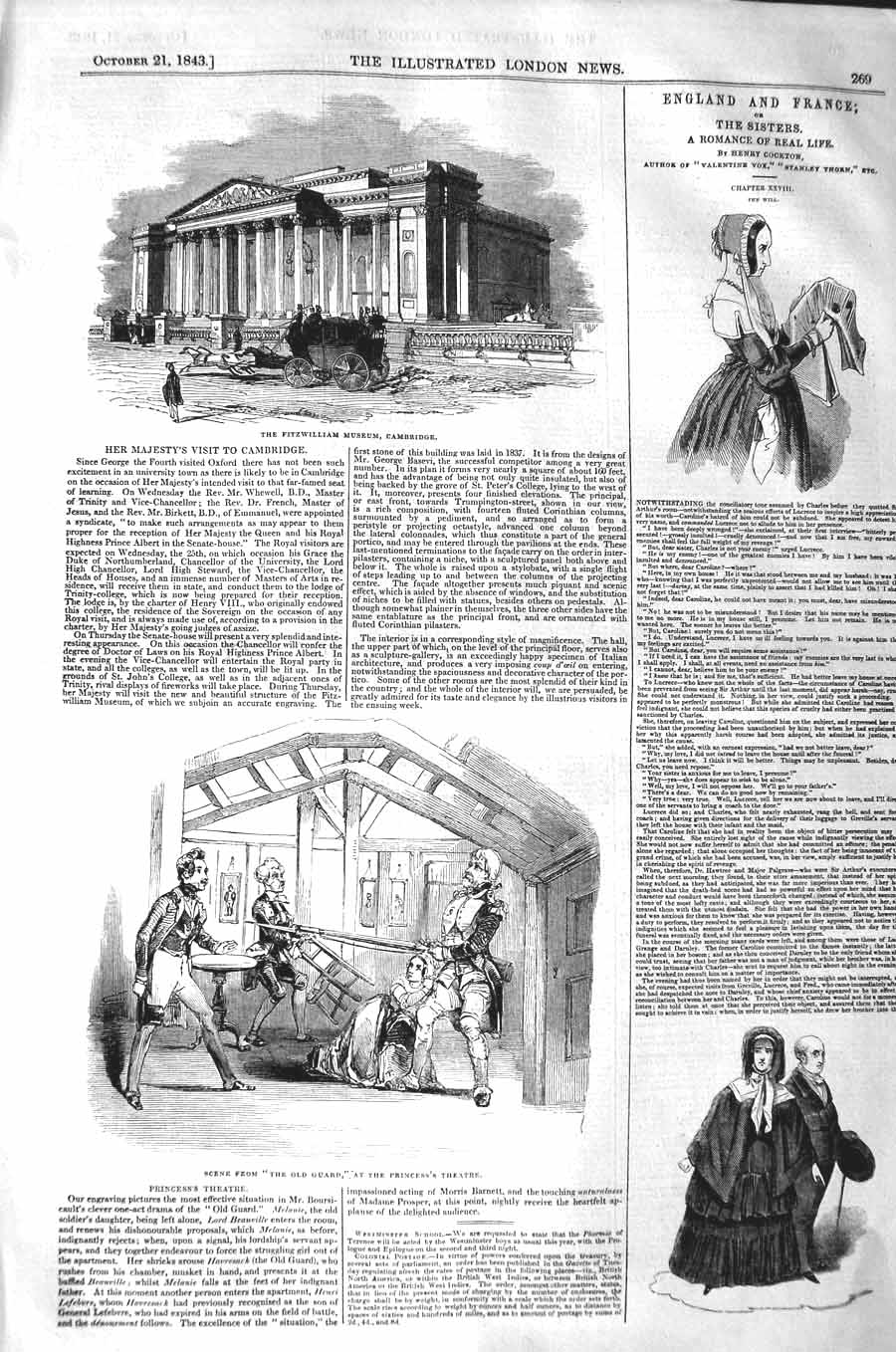 Original Old Antique Print 1843 Princess Theatre Fitzwilliam Museum Cambridge