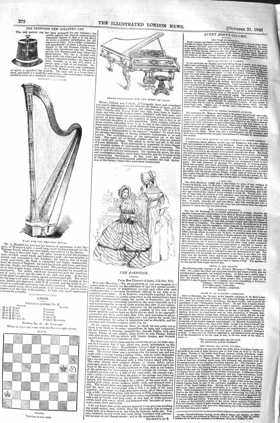 Old Antique Print 1843 Harp Princess Royal Pianoforte Queen Spain Fashion 19th