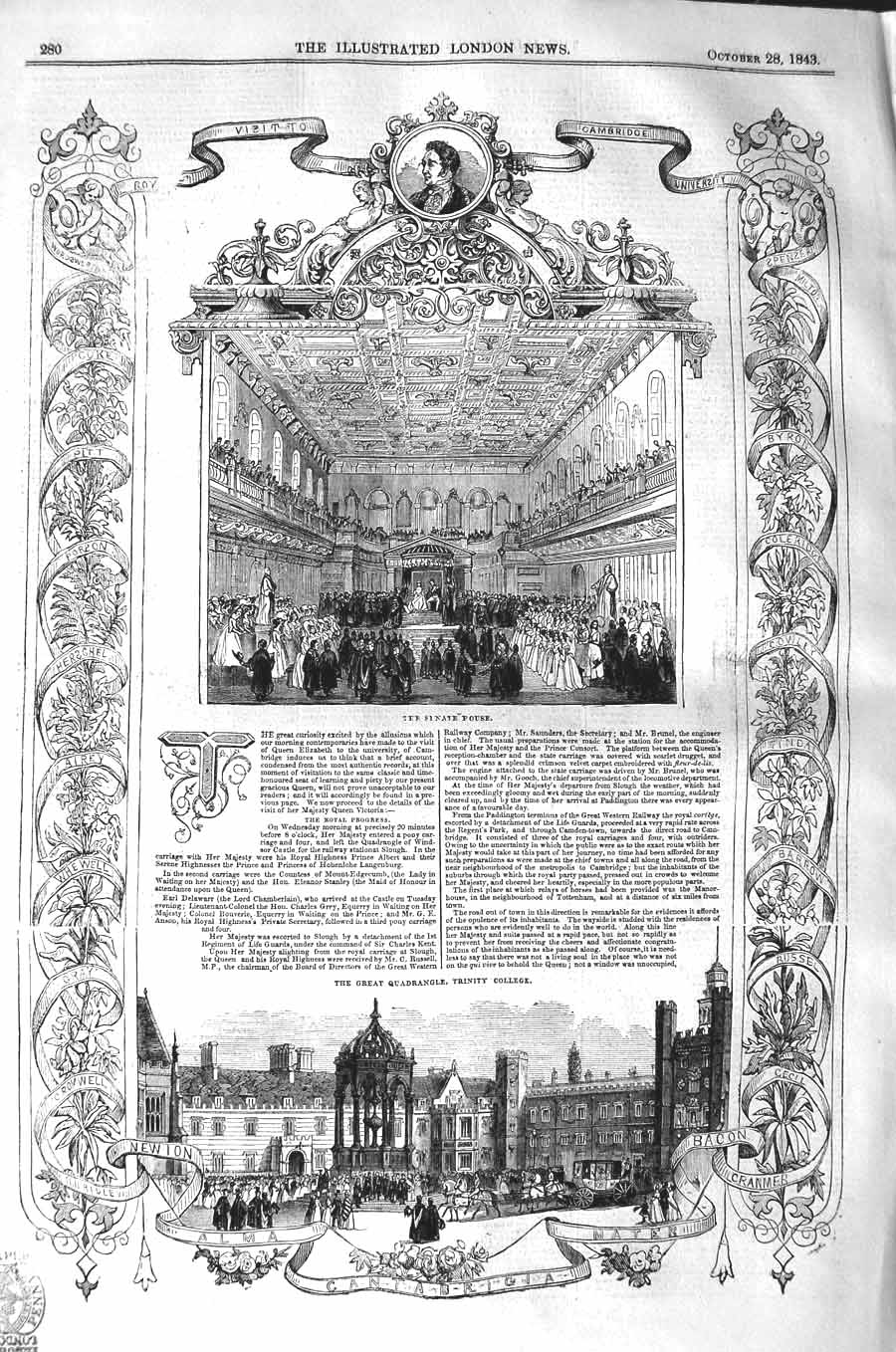 Original Old Antique Print 1843 Cambridge University Trinity College Senat 19th