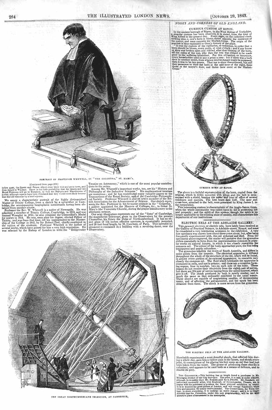 Original Old Antique Print 1843 Professor Whewell Golgotha Telescope Cambridge