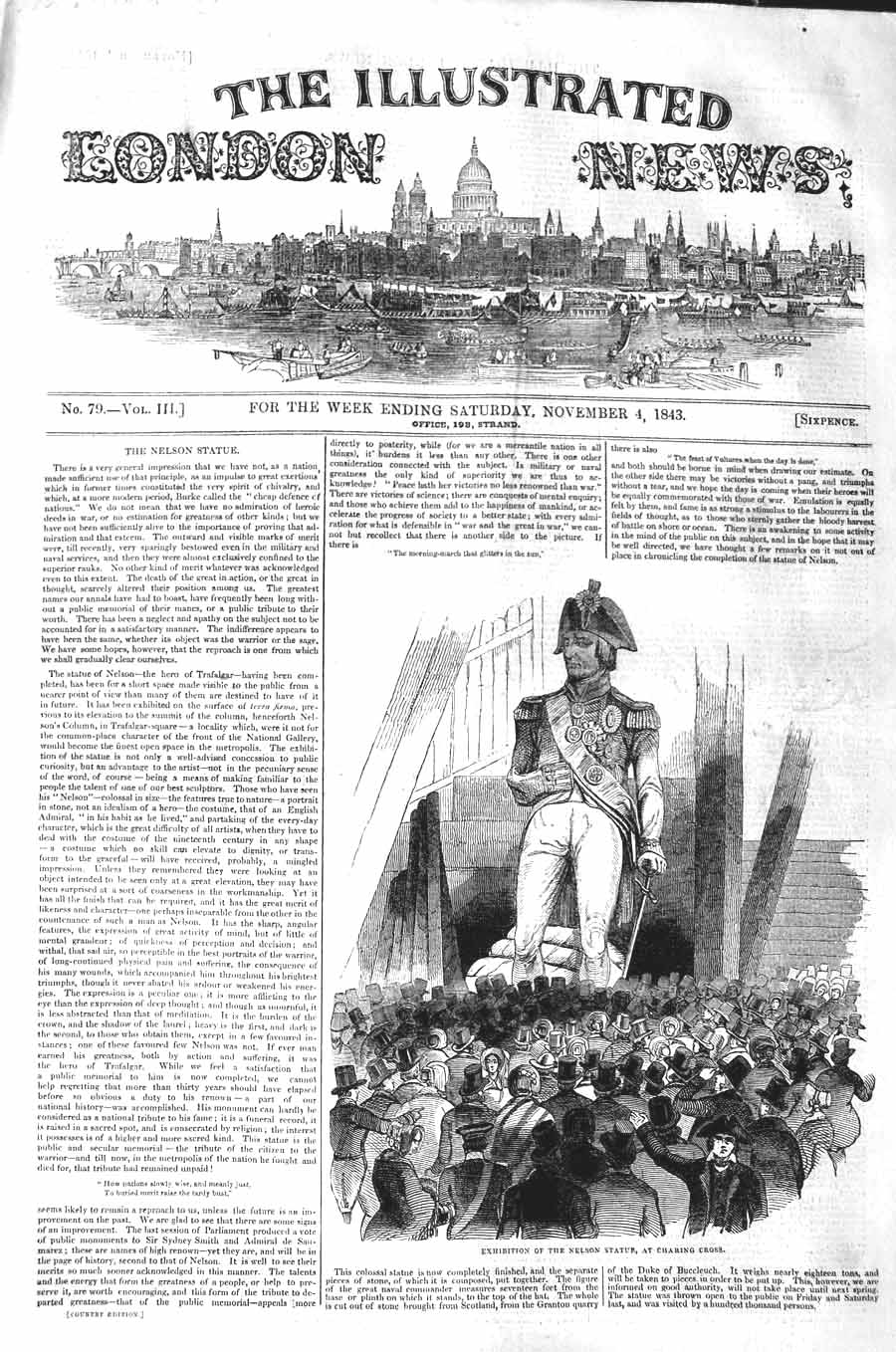 Original Old Antique Print 1843 Exhibition Nelson Statue Charing Cross Victorian