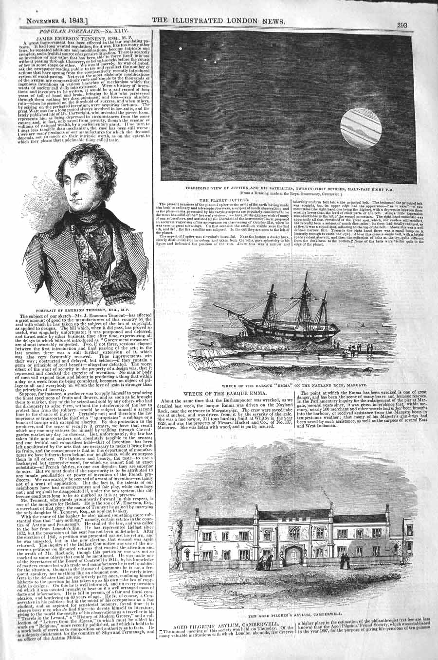 Original Old Antique Print 1843 Jupiter Tennent Ship Wreck Emma Margate Asylum