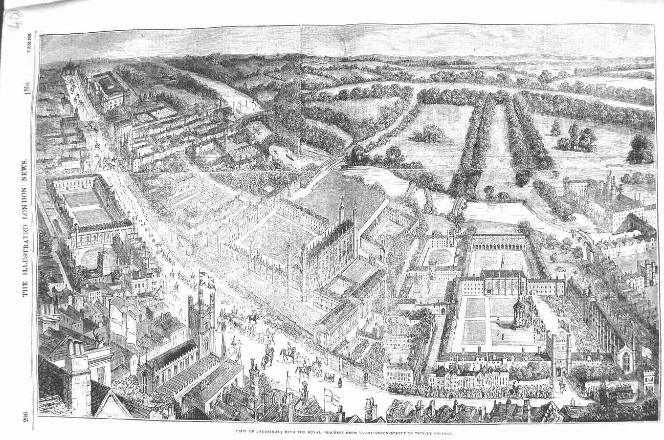 Original Old Antique Print 1843 View Canbridge Trumpington Trinity College 19th