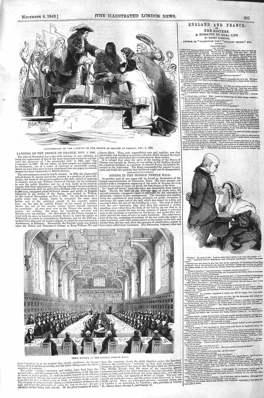 Original Old Antique Print 1843 Prince Wales Torbay Dinner Middle Temple Hall