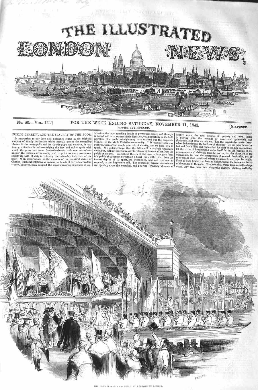 Original Old Antique Print 1843 Lord Mayor Embarking Southwark Bridge London