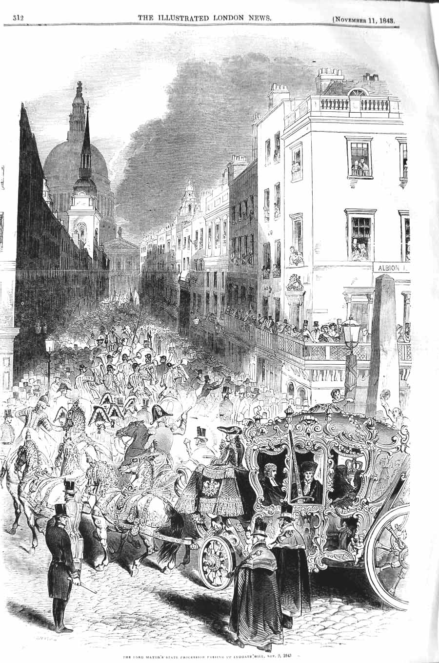 Original Old Antique Print 1843 Lord Mayor State Procession Ludgate Hill London