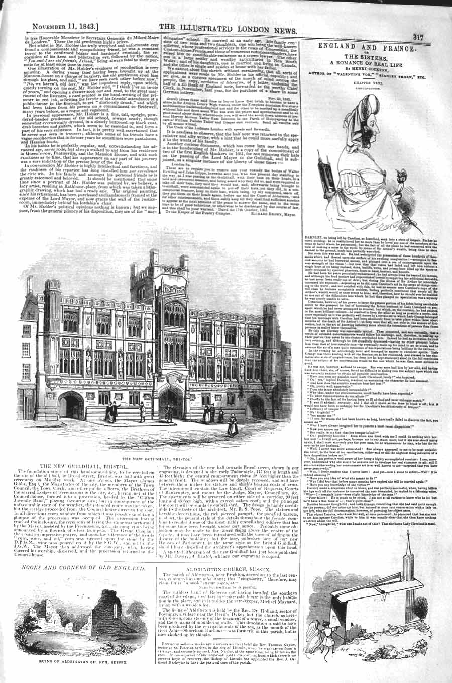 Original Old Antique Print 1843 New Guildhall Bristol Ruins Aldrington Church