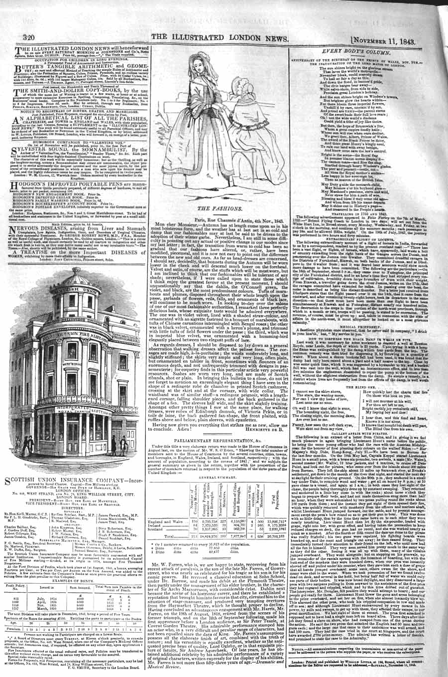 Old Antique Print 1843 Scottish Union Insurance Company Building Fashion 19th