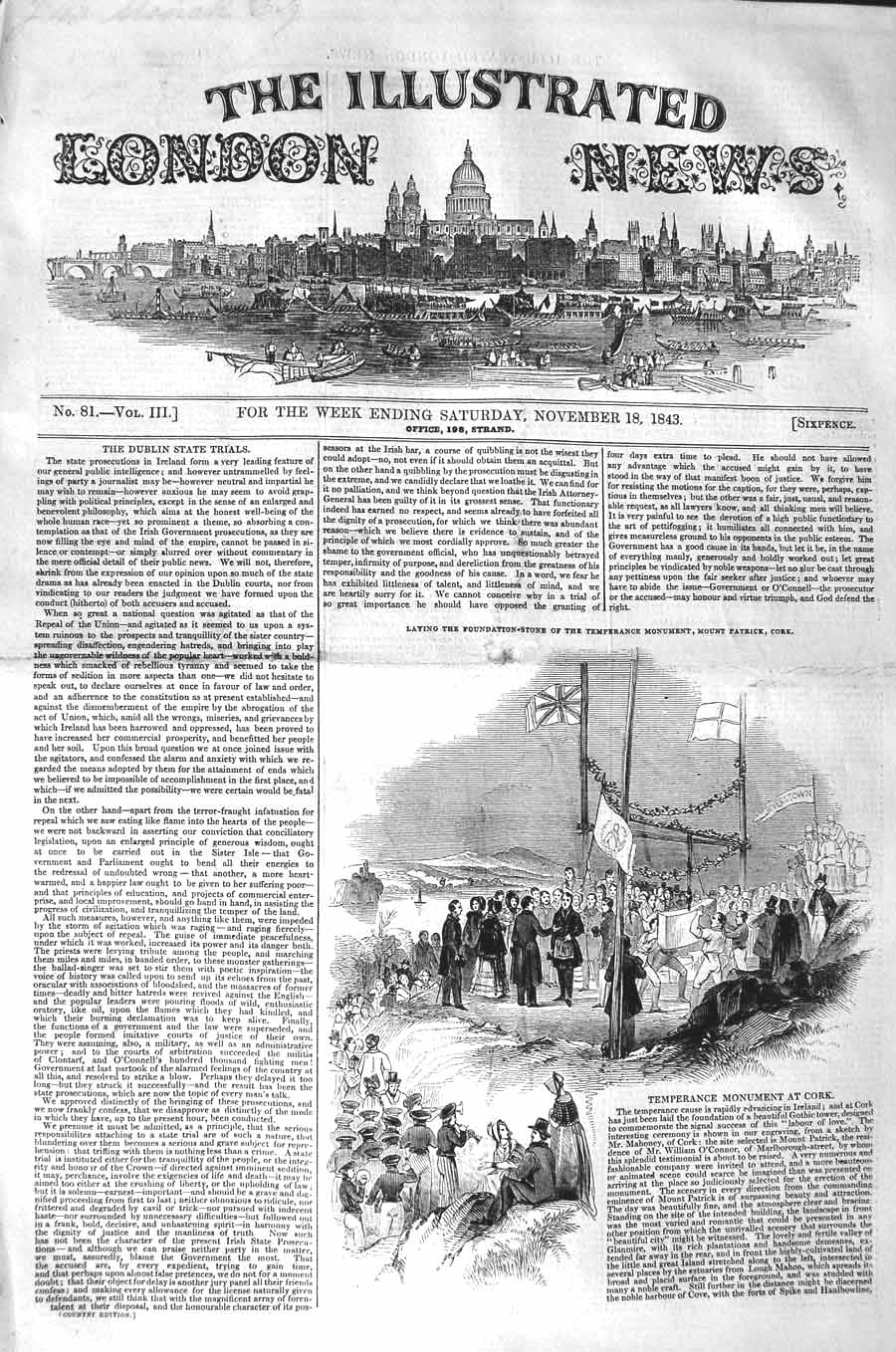 Original Old Antique Print 1843 Temperance Monument Cork Ireland Dublin 19th