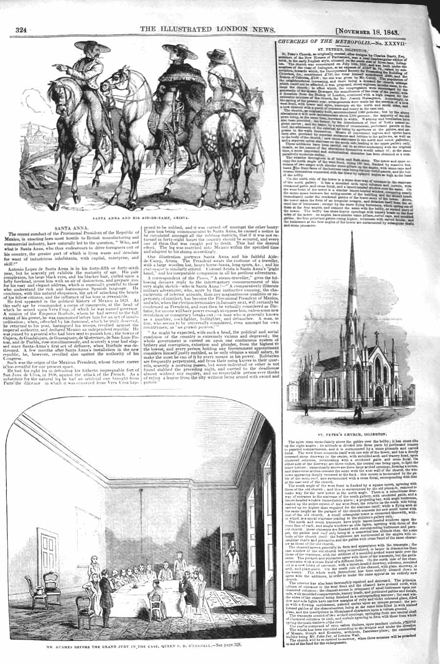 Original Old Antique Print 1843 Church Islington Santa Anna Hughes O'Connell