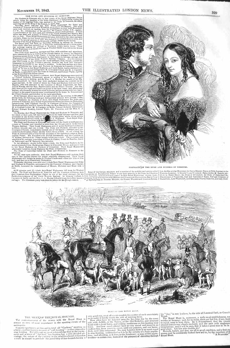 Original Old Antique Print 1843 Duke Duchess Nemours Royal Hunt Horses Victorian