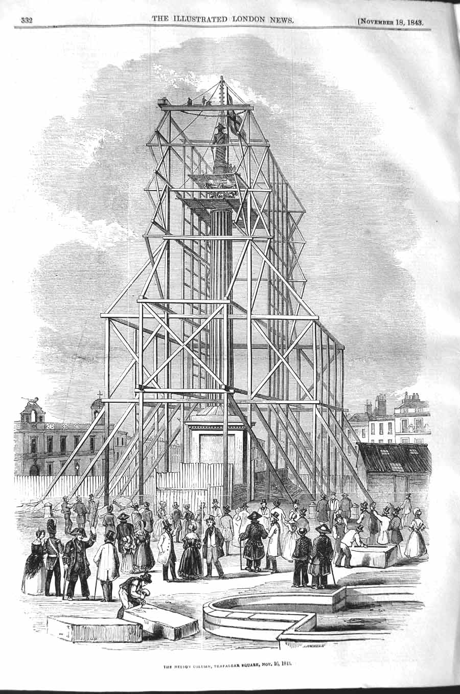 Old Antique Print 1843 Nelson Column Traflagar Square London Engineering 19th