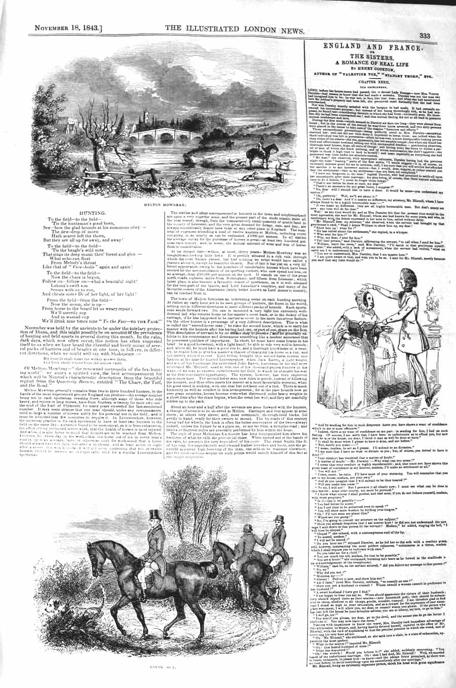 Original Old Antique Print 1843 Melton Mowbury Fox Hunting Sport Horses 19th