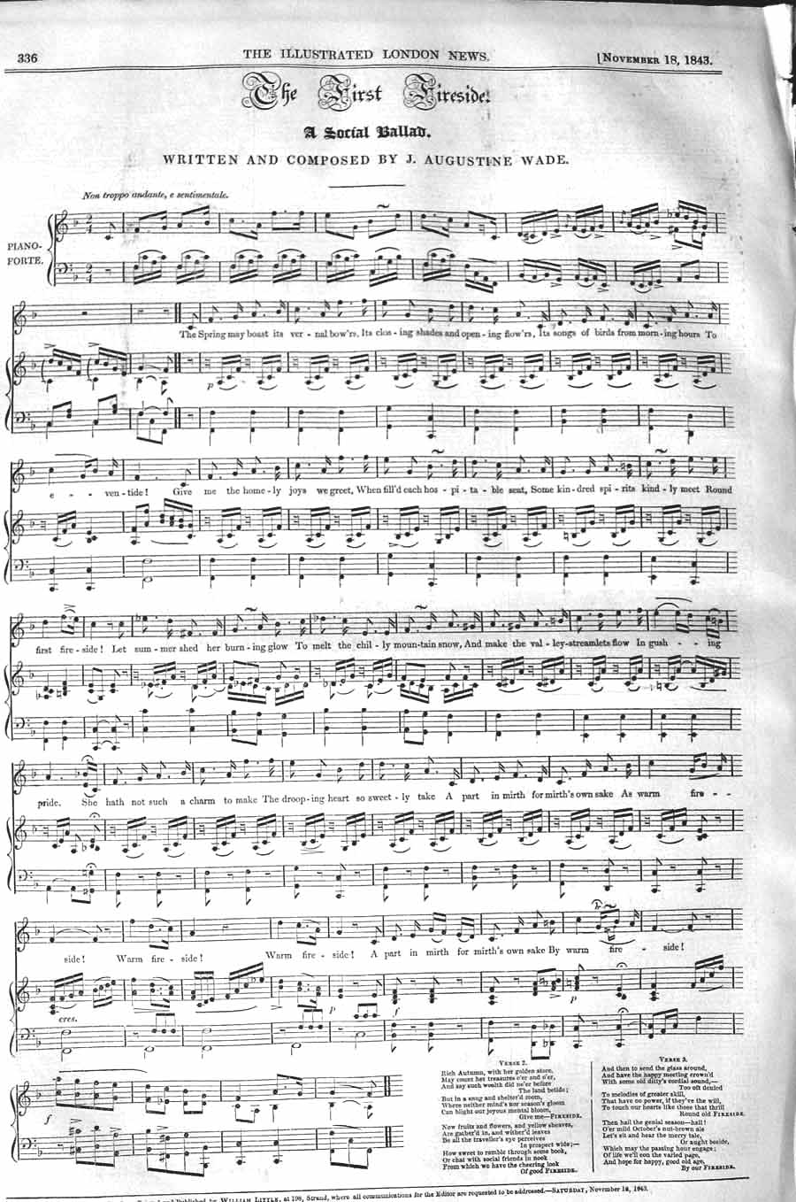 Original Old Antique Print 1843 Sheet Music First Fireside Ball Augustine Wade