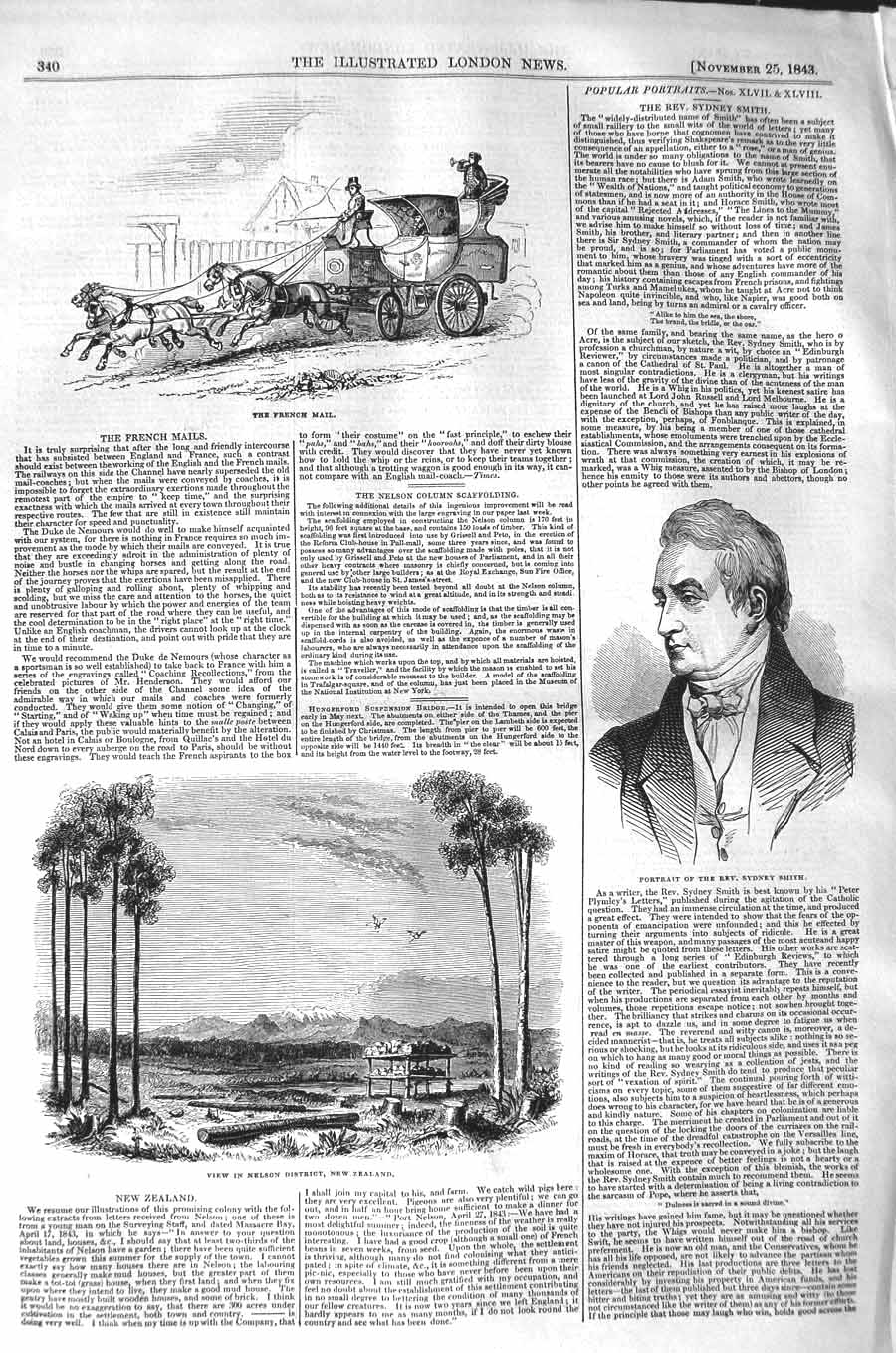 Original Old Antique Print 1843 Sydney Smith Nelson New Zealand French Mail