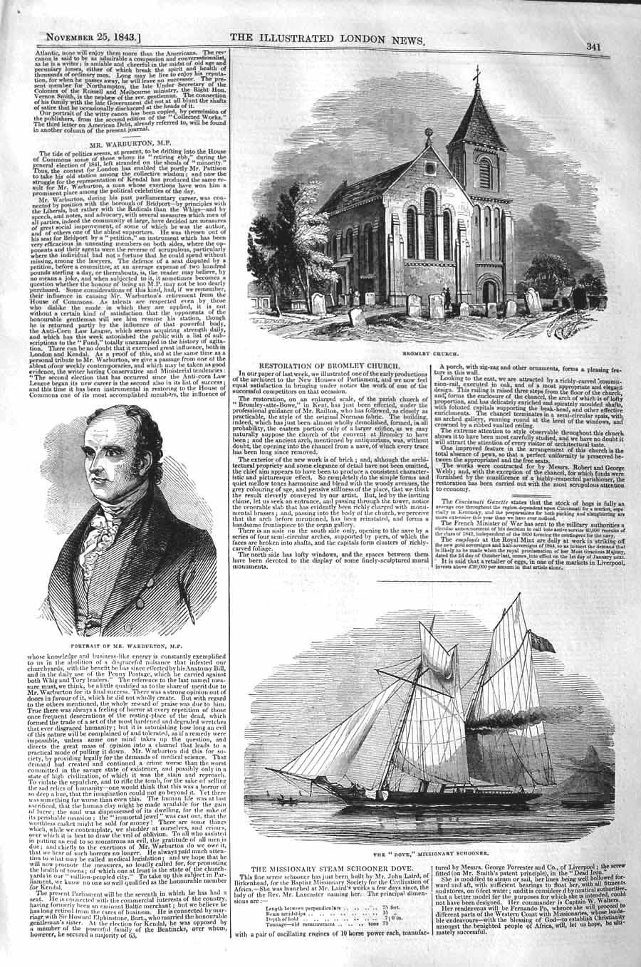 Original Old Antique Print 1843 Bromley Church Portrait Warburton Dove Ships