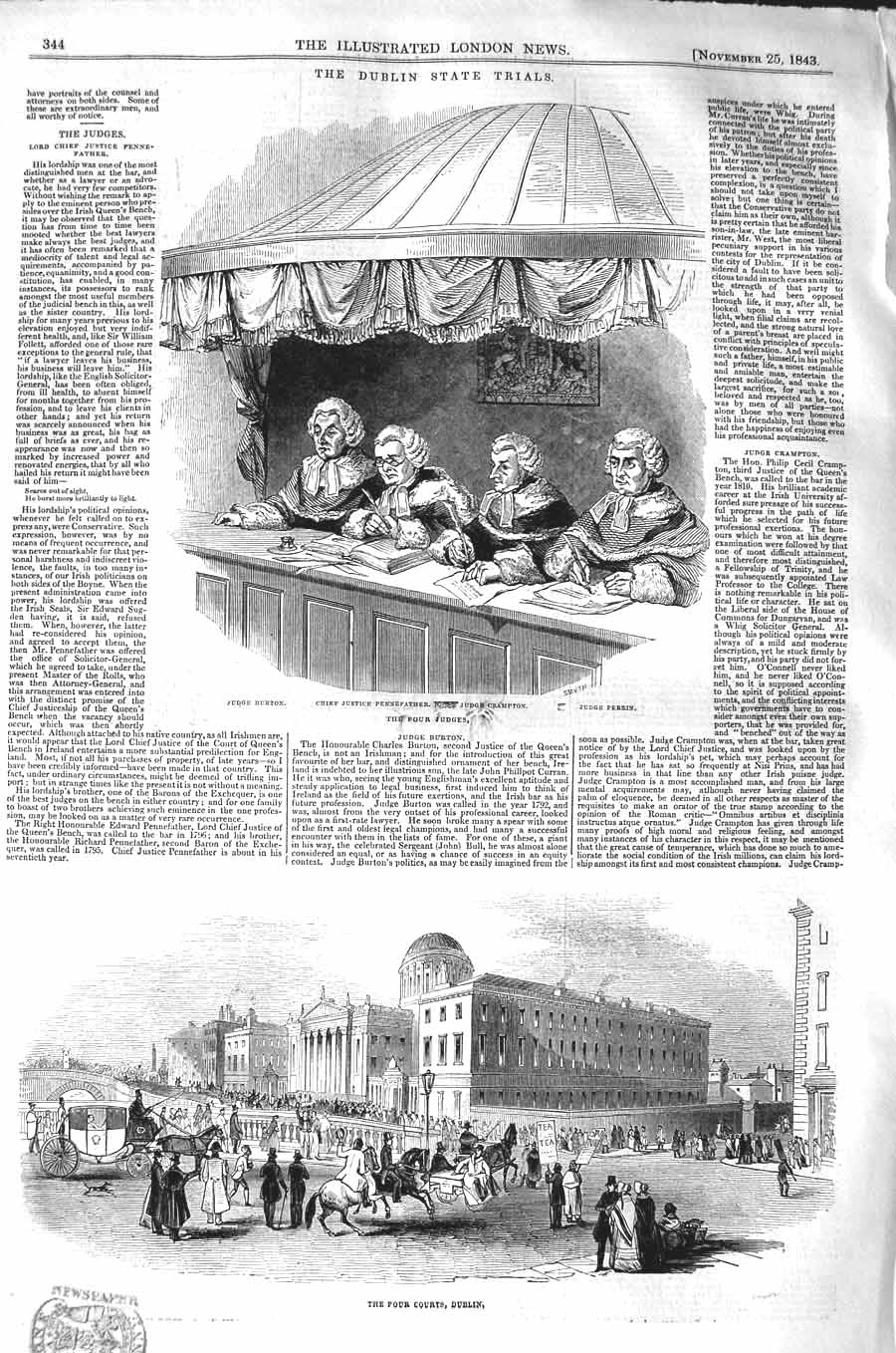 Original Old Antique Print 1843 Dublin State Trial Four Courts Perrin Burton