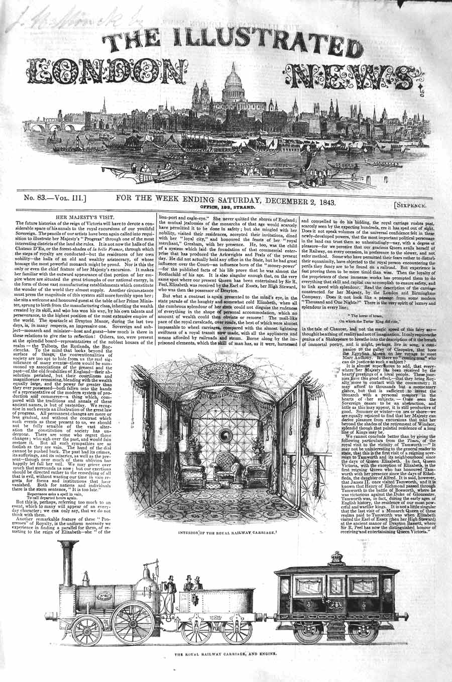 Original Old Antique Print 1843 Interior Royal Railway Carriage Engine 19th