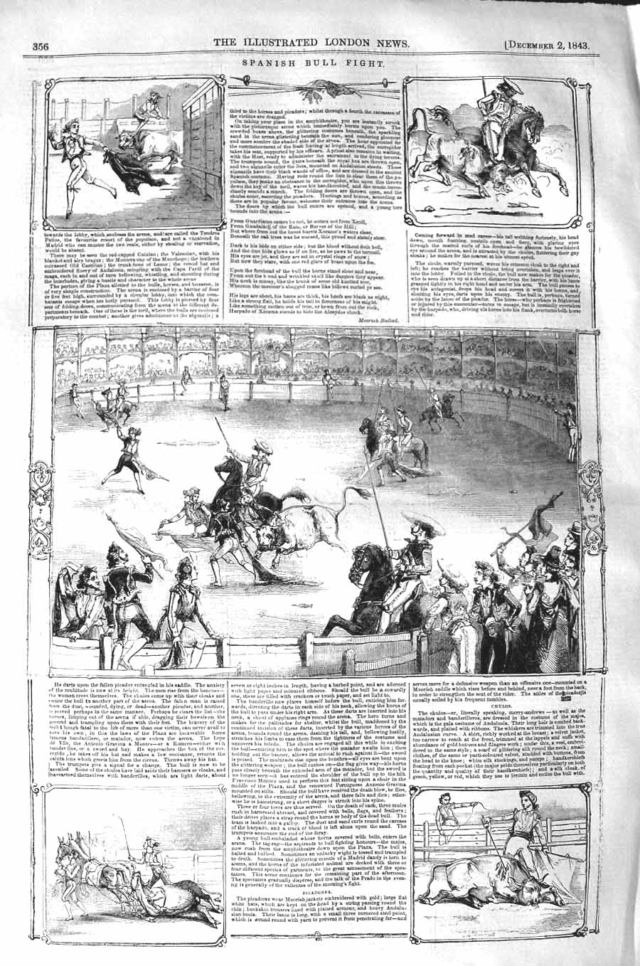 Original Old Antique Print 1843 Spanish Bull Fight Sport Men Horse Victorian