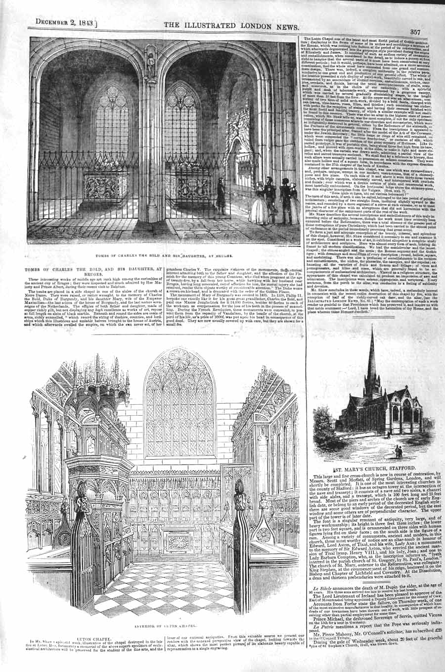 Original Old Antique Print 1843 Tomb Charles BBruges Luton Chapel Mary Church