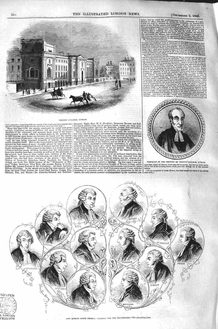 Old Antique Print 1843 Trinity College Dublin Perris Moore Sheil Hatchell 19th