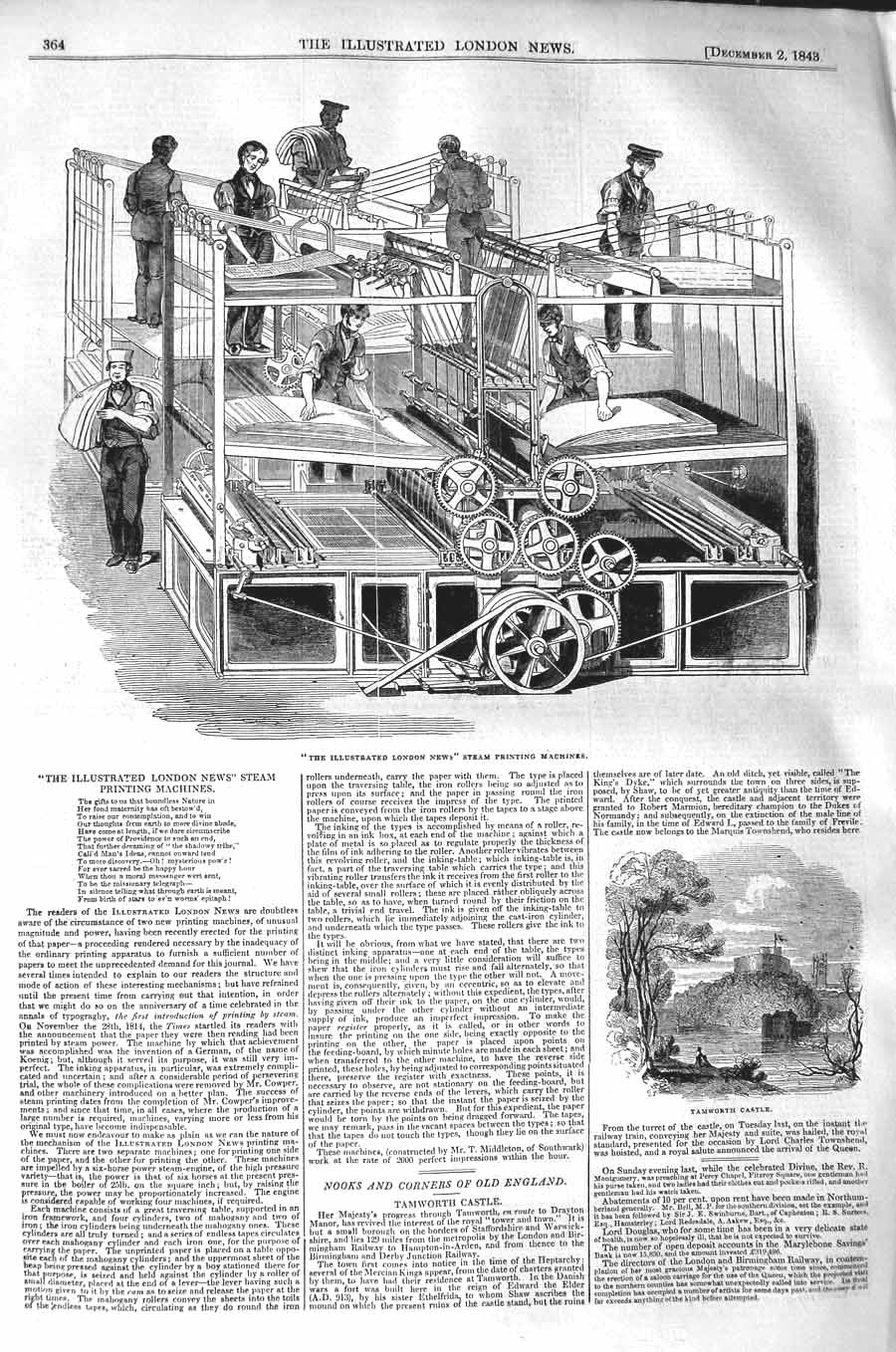 Original Old Antique Print 1843 Tamworth Castle London News Ing Machines 19th