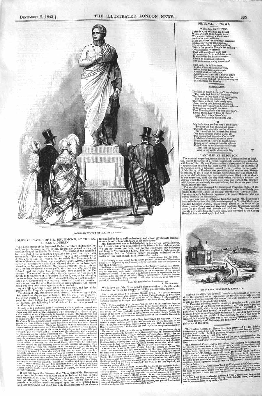 Original Old Antique Print 1843 Colossal Statue Mr. Drummond Blackrock Brighton