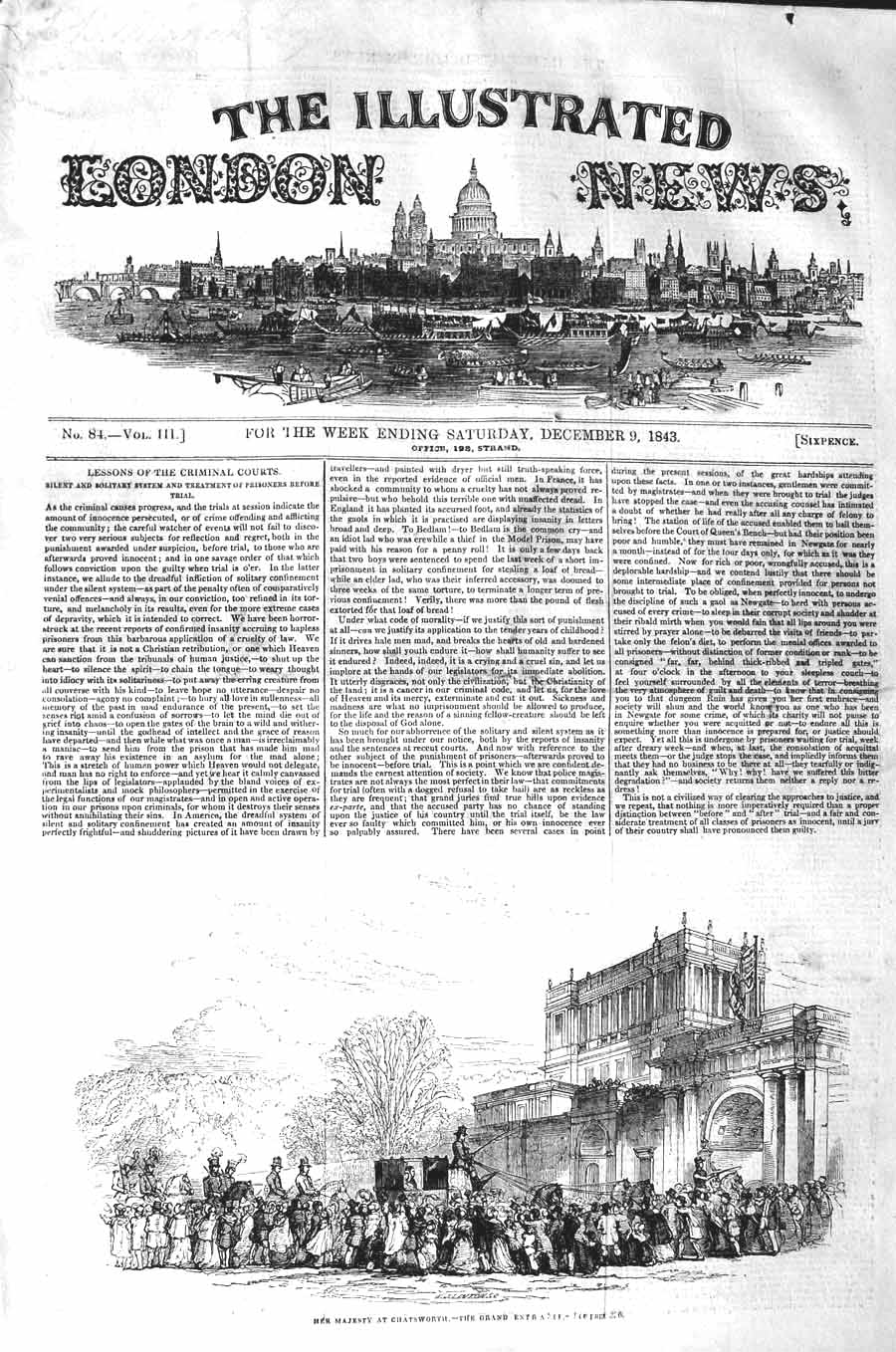 Original Old Antique Print 1843 Her Majesty Queen Chatsworth Grand Entrance