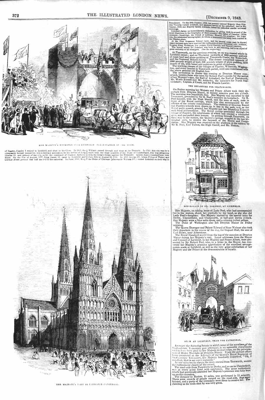 Original Old Antique Print 1843 Queen Lichfield Cathedral Birthplace Johnson