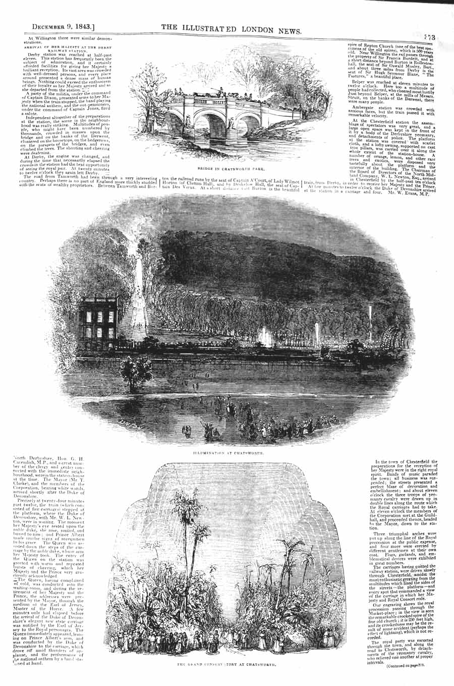 Original Old Antique Print 1843 Bridge Illuminations Chatsworth Conservatory