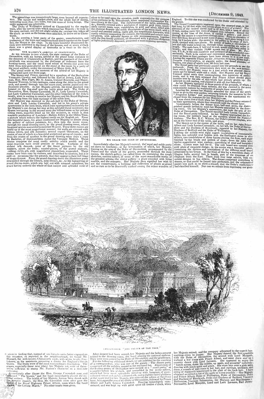Original Old Antique Print 1843 Duke Devonshire Chatsworth Palace Peak 19th