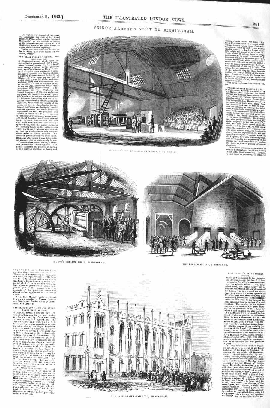 Original Old Antique Print 1843 Prince Albert Birmingham Grammar School Mills