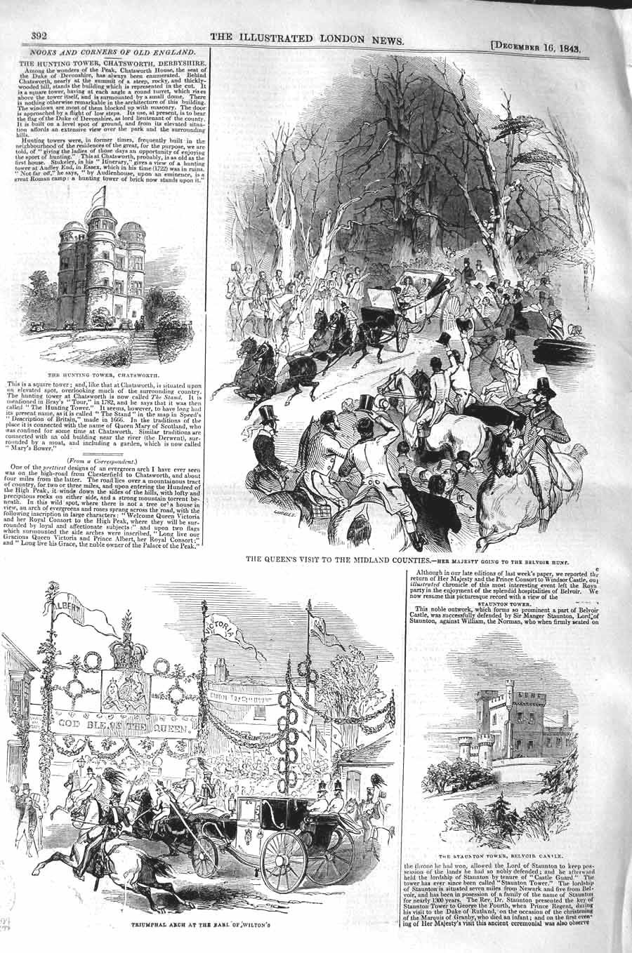 Old Antique Print 1843 Hunting Tower Chatsworth Queen Belvoir Hunt Castle 19th
