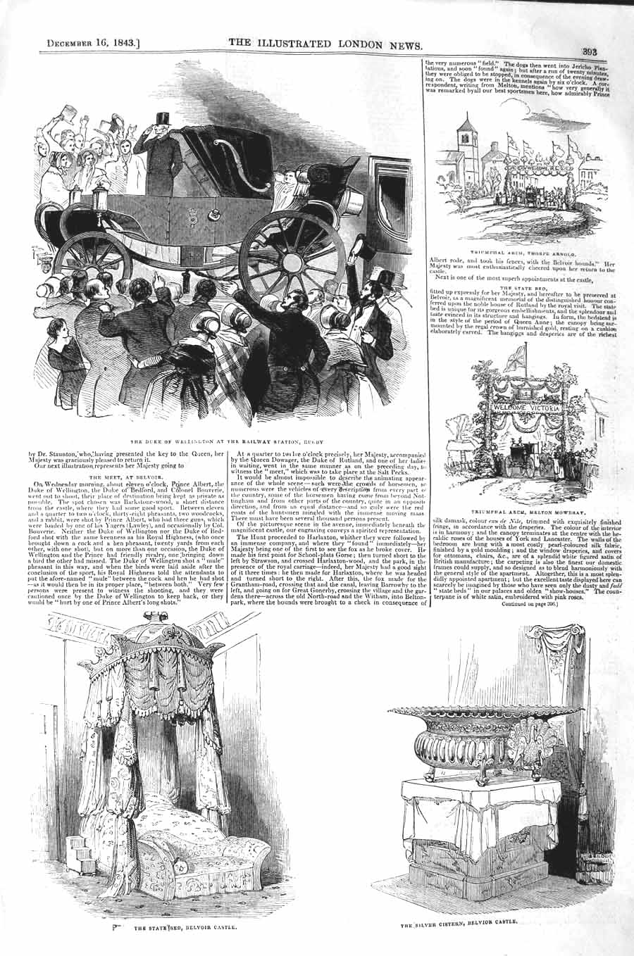 Original Old Antique Print 1843 Wellington Railway Station Rugby Belvior Castle