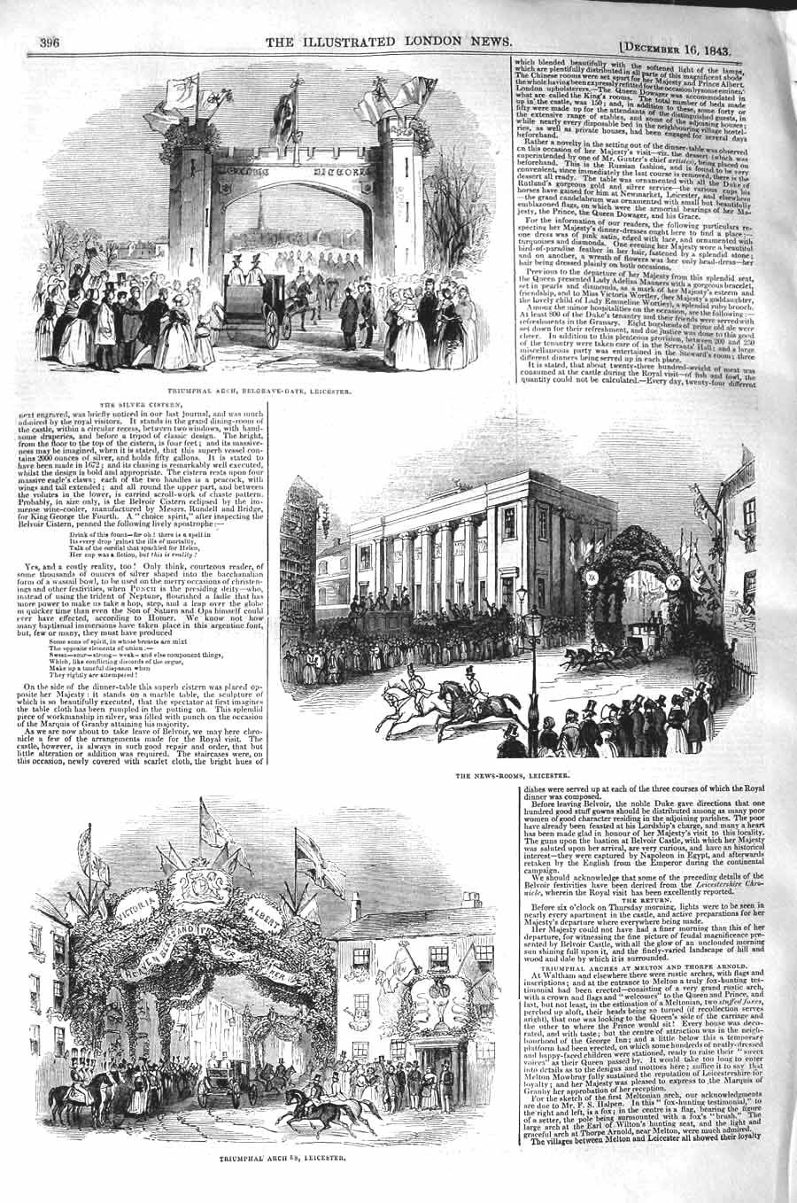 Old Antique Print 1843 Triumphal Arch Belgrave Gate Leicester News-Rooms 19th