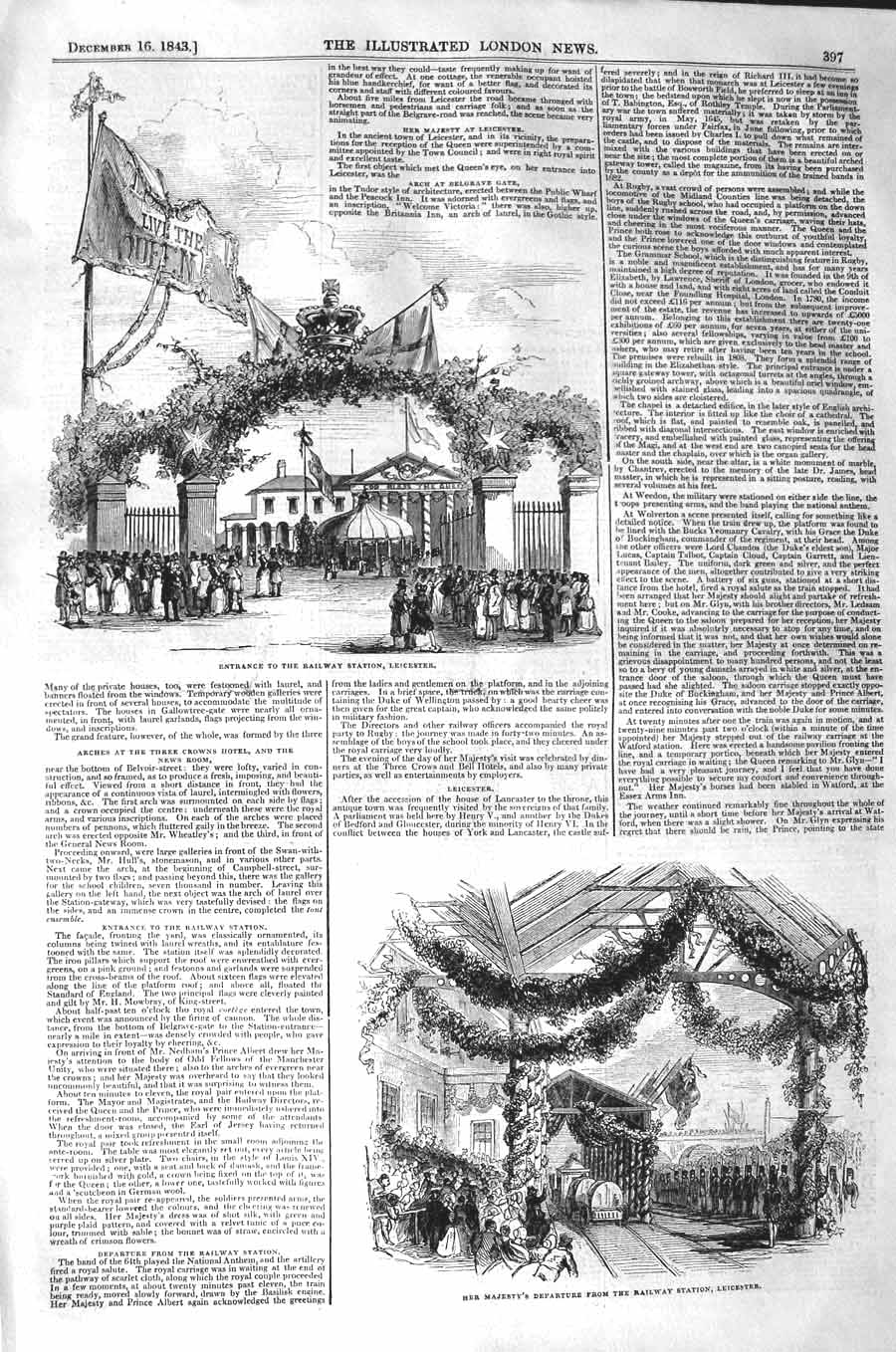 Antique Print Ref.503 1843 Entrance Railway Station Leicester Queen England